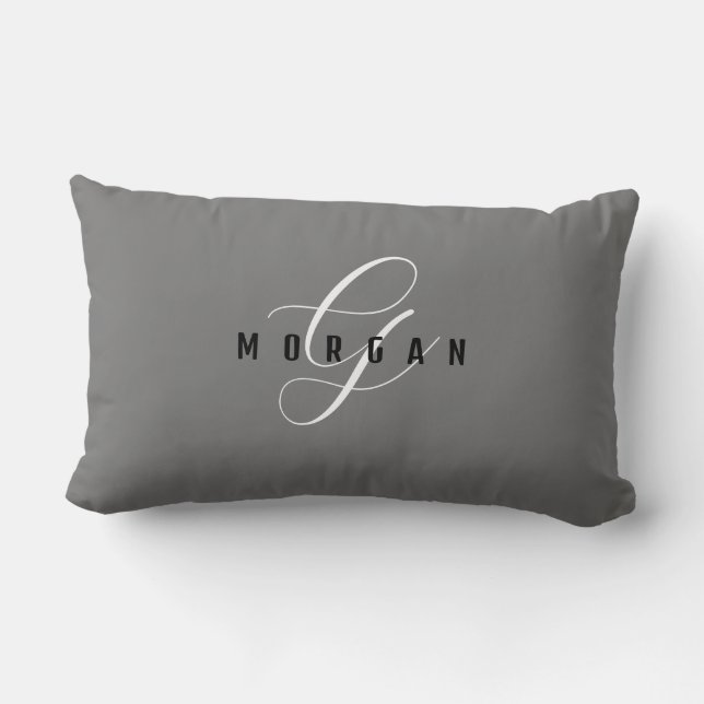 Coussin Rectangle Élégant Monogramme blanc et nom noir, gris L (Verso)