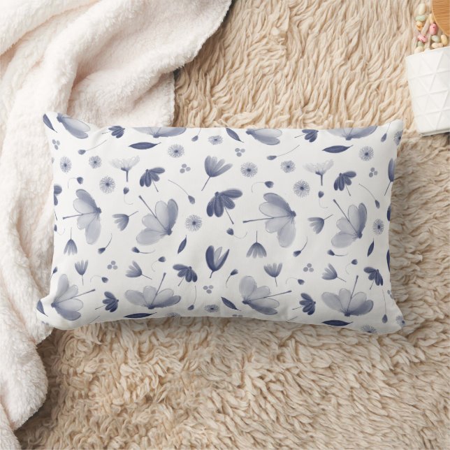 Coussin Rectangle Élégant motif floral bleu foncé et blanc (Couverture)