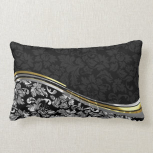 Coussin Rectangle Elégant noir et argent Damas Accents or