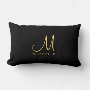 Coussin Rectangle Élégante calligraphie noir et or Nom du monogramme