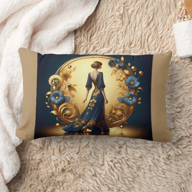 Coussin Rectangle Elégante femme Art Déco en Or et Bleu (Couverture)