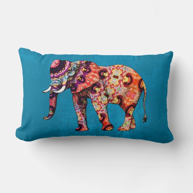 Coussin Rectangle Eléphant bleu violet orange sur le gris bleu (Recto)