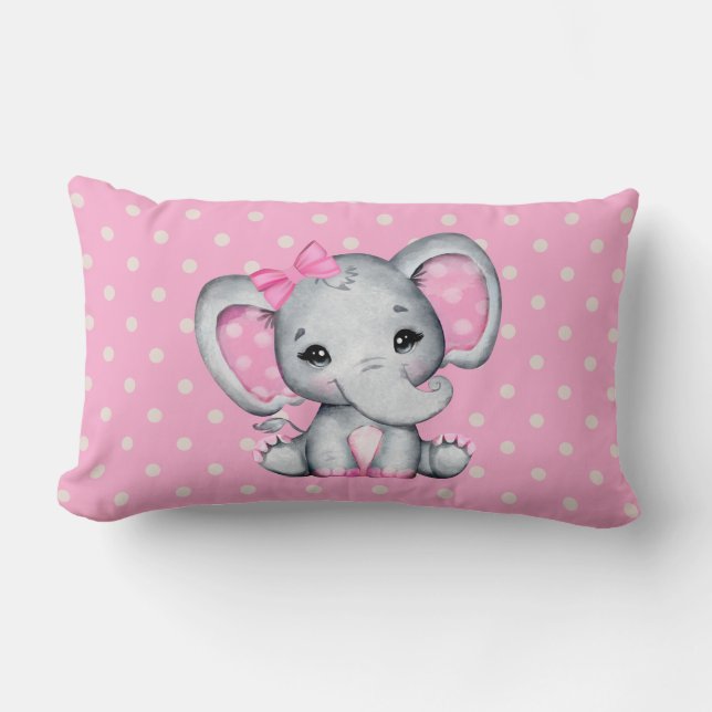 Coussin Rectangle Eléphant de bébé rose mignon avec oreilles Poka Do (Recto)