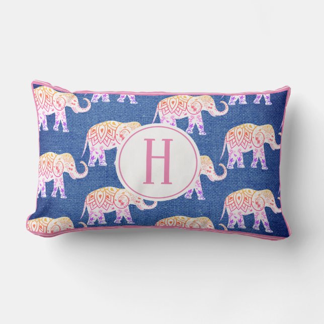 Coussin Rectangle Eléphants de Bohême & Faux Blue Burlap (Recto)