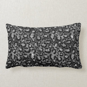 Coussin Rectangle Empreinte de léopard noir et gris argenté