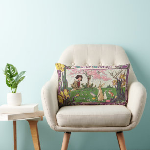 Coussin Rectangle Enfant Vintage à la chasse aux œufs de Pâques avec