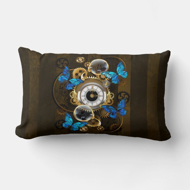 Coussin Rectangle Engrenages à vapeur et papillons bleus (Recto)