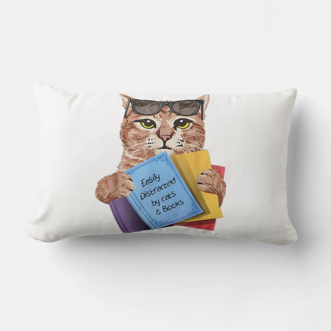 Coussin Rectangle Facilement Distrait Par Chats _ Livres Livre Chat  (Recto)