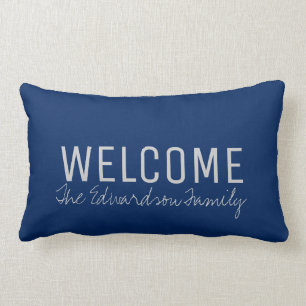 Coussin Rectangle Famille de bienvenue bleu marine moderne monogramm