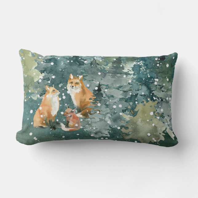 Coussin Rectangle Famille Fox dans la neige de forêt (Recto)