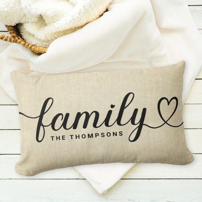 Coussin Rectangle Family Love Script Rustic Linen Custom Monogramme (Créateur téléchargé)
