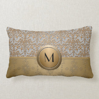 Coussin Rectangle Fancy Simulated Or et Argent Monogramme Damask