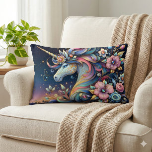 Coussin Rectangle Fantaisie de nuit de licorne florale