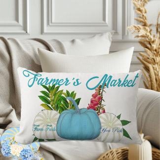 Coussin Rectangle Farmers Citrouille Chute Bleu Bleu Blanc Récolte