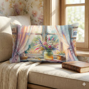 Coussin Rectangle Fenêtre de cottage ensoleillée avec fleurs sauvage