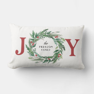 Coussin Rectangle Festif Pine verte Baies rouges Fêtes JOIE Wreath