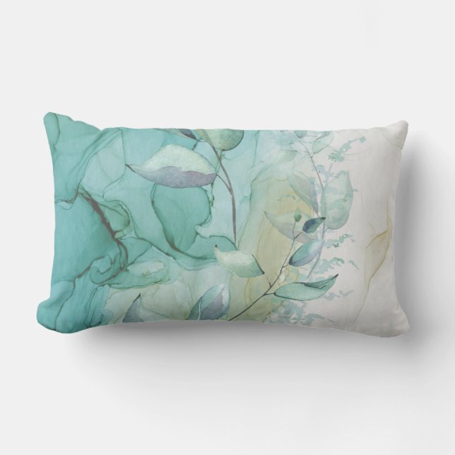 Coussin Rectangle Feuillage vert de mer et encre Turquoise Mystique (Recto)
