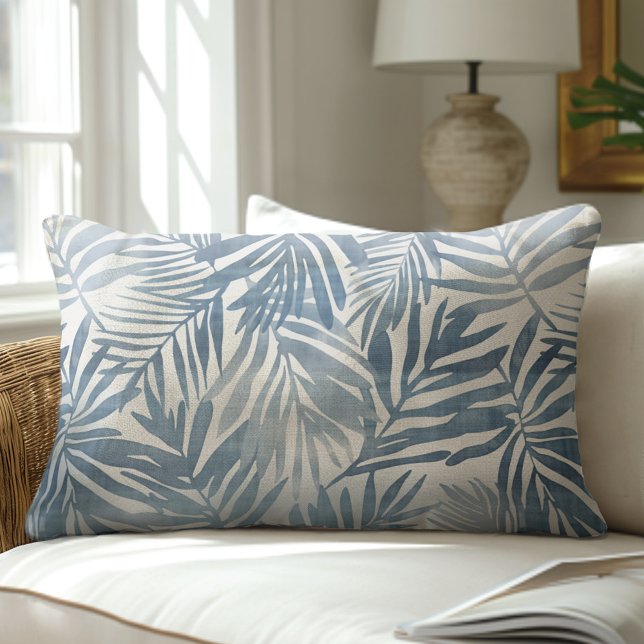Coussin Rectangle Feuille de palme bleu et blanc (Créateur téléchargé)