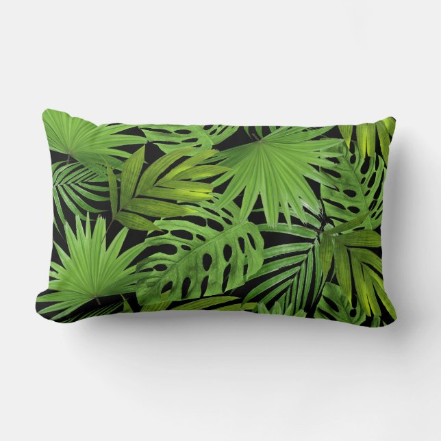 Coussin Rectangle Feuilles de palme vert sur noir (Recto)