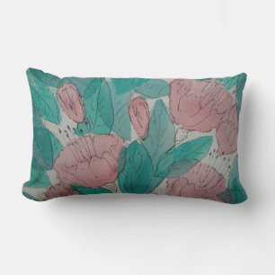 Coussin Rectangle feuilles et fleurs fuschia roses