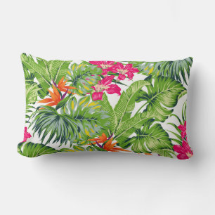 Coussin Rectangle Feuilles tropicales vertes fleurs roses oranges Lo