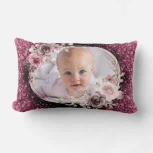 Coussin Rectangle Fille Bébé Deux Photo Rose Florale Or mignonne