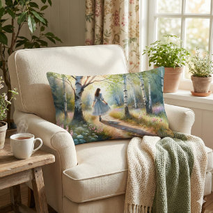 Coussin Rectangle Fille Fantaisiste Dançant à Travers une Forêt de B