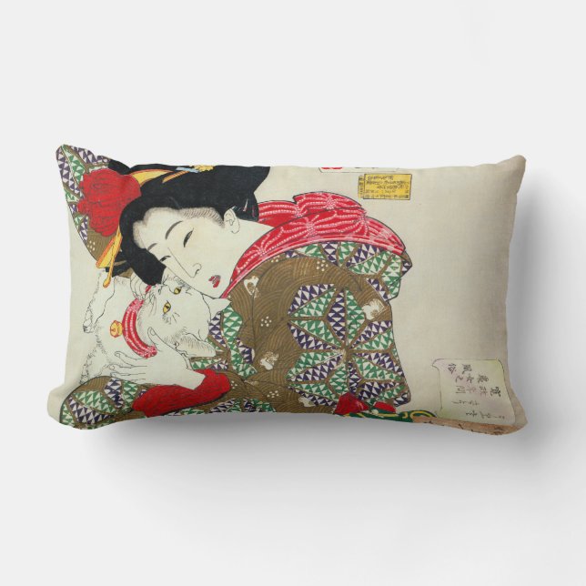 Coussin Rectangle Fille japonaise avec le chat, Tsukioka Yoshitoshi (Recto)