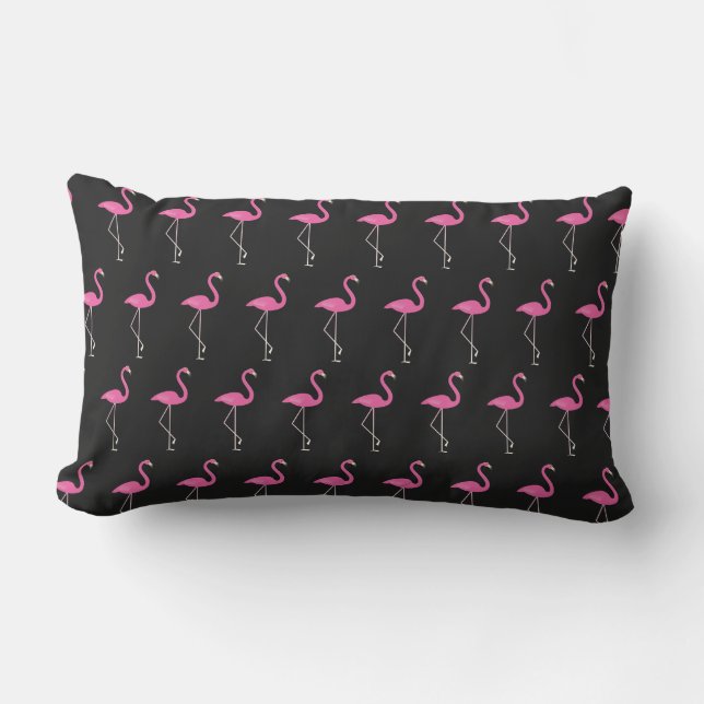 Coussin Rectangle Flamants roses roses mignons sur noir - extérieur (Recto)