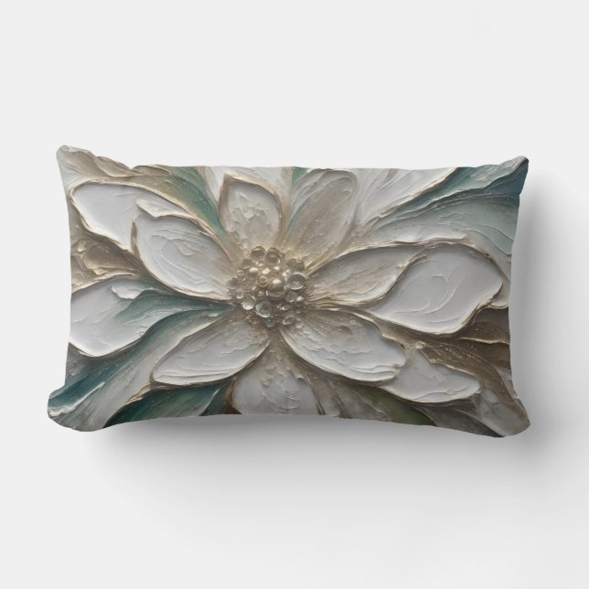 Coussin Rectangle Fleur abstraite bleue verte or et blanche (Recto)