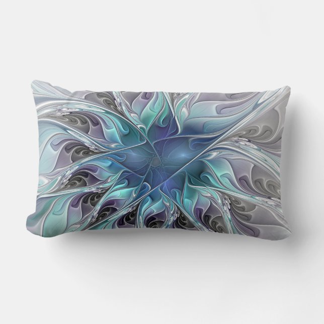 Coussin Rectangle Fleur Abstraite Fractale Moderne Avec Bleu (Recto)