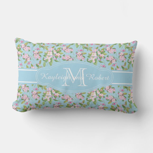 Coussin Rectangle Fleur de pomme rose Monogramme sur Motif bleu (Recto)