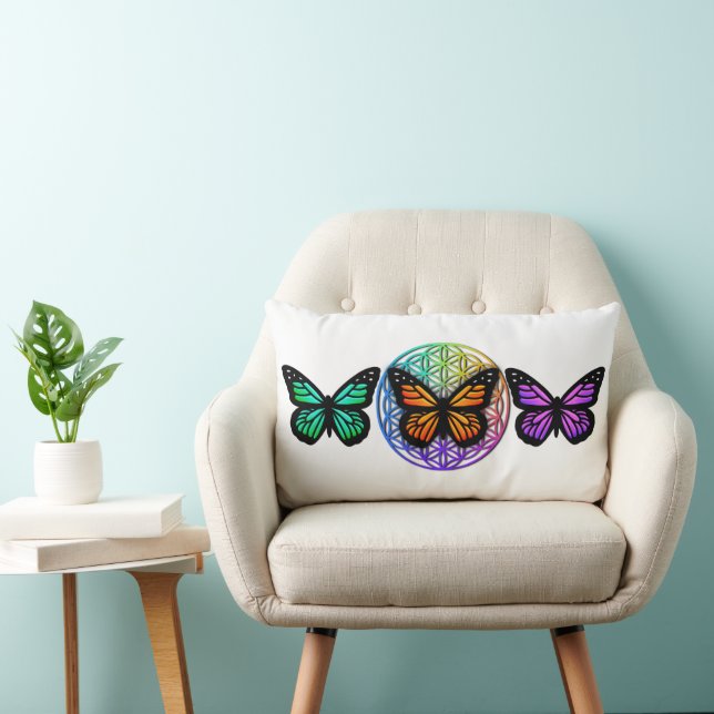 Coussin Rectangle Fleur de vie colorée de papillons élégants (Chaise)