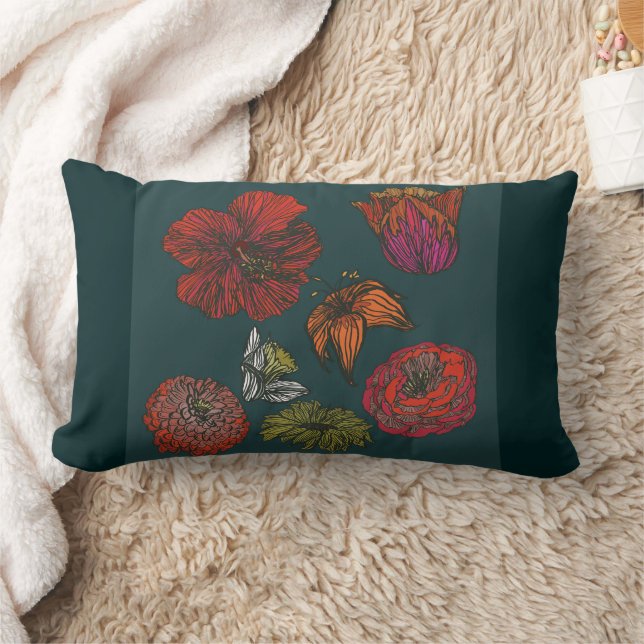 Coussin Rectangle fleur medley bleu foncé vert bordure et dos (Couverture)