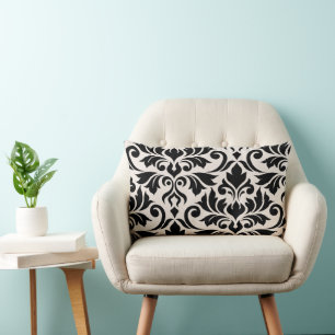 Coussin Rectangle Fleurir Damassé Art I 2Voies Noir + Crème