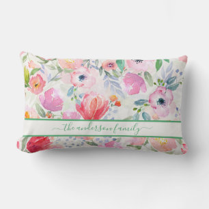 Coussin Rectangle Fleurs aquarelles roses écriture nom de famille