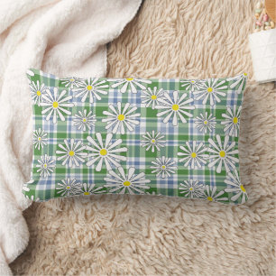 Coussin Rectangle Fleurs chamomiles blanches sur à damiers bleu vert