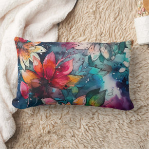 Coussin Rectangle Fleurs d'aquarelle orange Turquoise colorée
