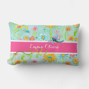 Coussin Rectangle Fleurs d'aquarelle Whimsical Papillon de libellule