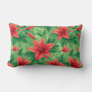 Coussin Rectangle Fleurs de lys rouges avec des feuilles vertes luxu