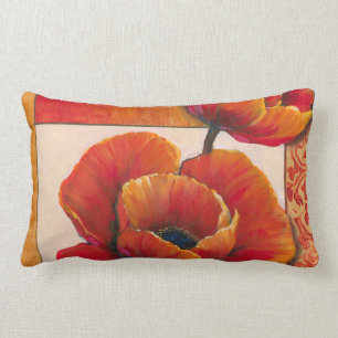 Coussin Rectangle Fleurs de pavot sur Tan et Arrière - plan orange