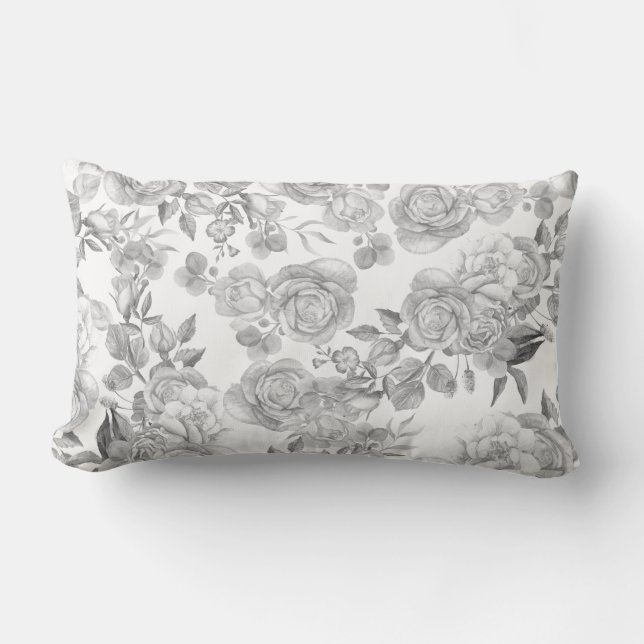 Coussin Rectangle Fleurs de roses de campagne noires et grises paste (Recto)