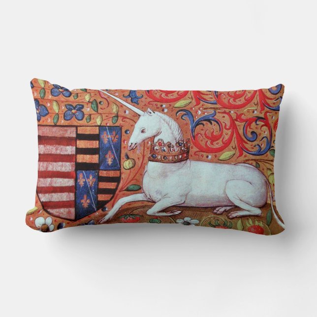 COUSSIN RECTANGLE FLEURS D'IMAGINAIRES UNICORNES ET MÉDIÉVAUX, MOTIF (Recto)
