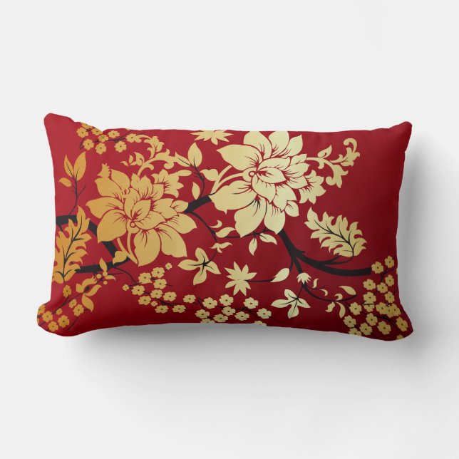 Coussin Rectangle Fleurs d'or orientales sur le rouge (Recto)