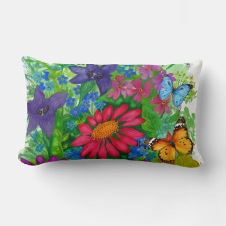 Coussin Rectangle Fleurs et papillons lumineux peints à la main
