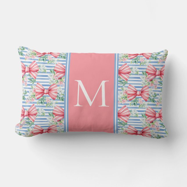 Coussin Rectangle Fleurs et rayures de vaches roses et bleues Monogr (Recto)