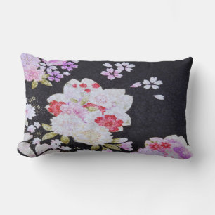 Coussin Rectangle Fleurs florales japonaises traditionnelles noires 