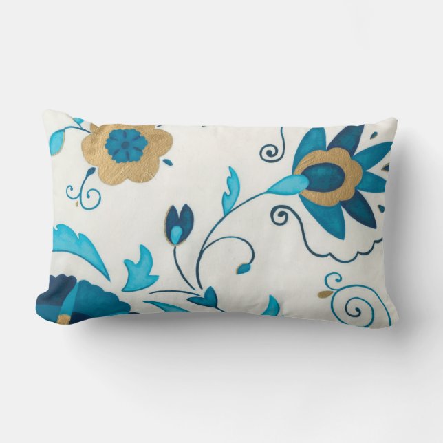Coussin Rectangle Fleurs Indigo dorées avec Arrière - plan blanc (Recto)