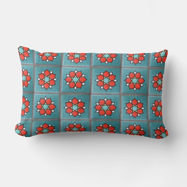 Coussin Rectangle Fleurs oranges de Firey sur Teal (Recto)