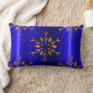 Coussin Rectangle Flocon de neige doré à Noël bleu